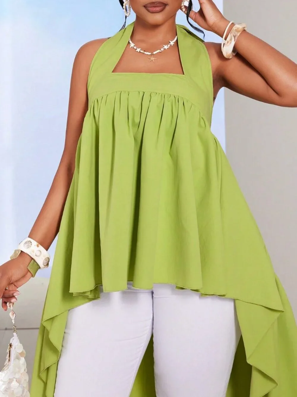 Green Casual Women's Plus Size Pleated Tie Neck Long Shirt